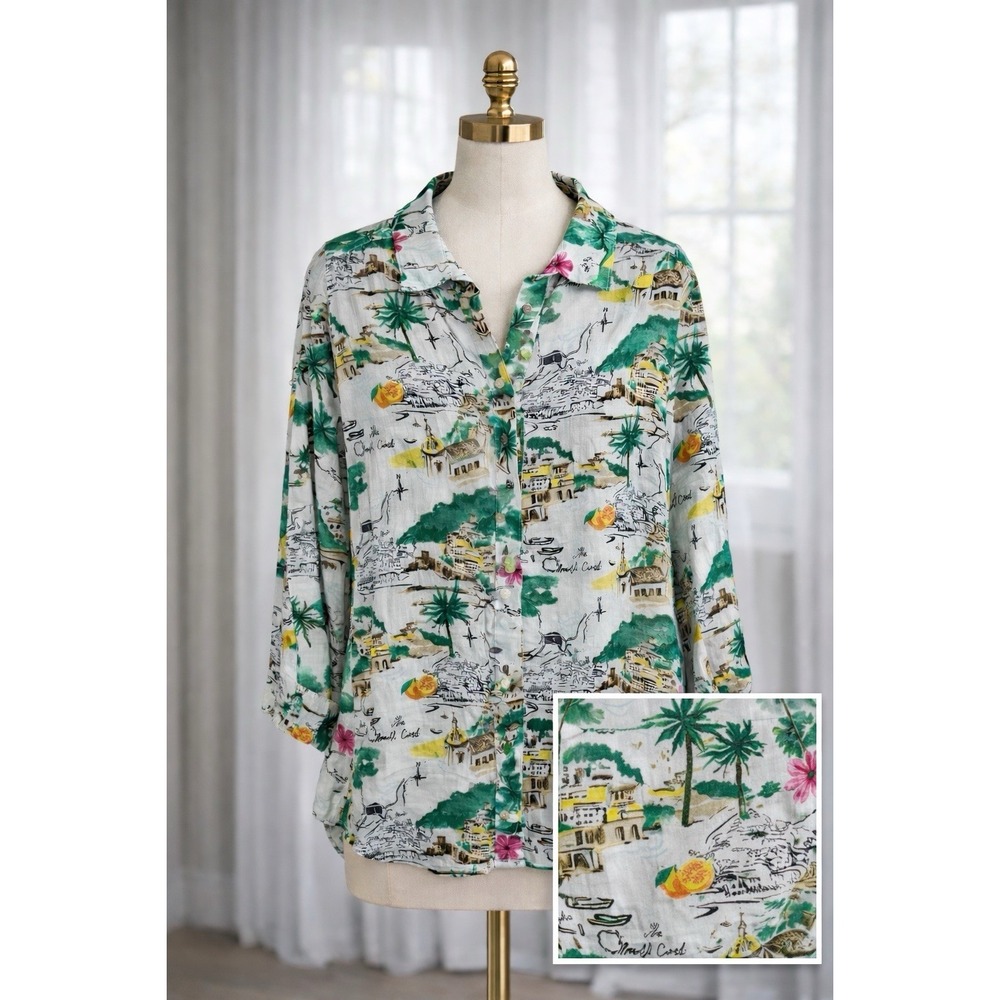 Cynthia Rowley 100% Linen Button Up Shirt Tropical Print Long‎ Sleeve Size 1x